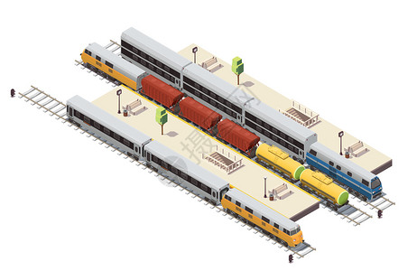火车站等距成与客运平台,隧道,楼梯,入口,货运列车双层矢量插图背景图片