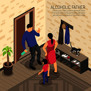 酗酒的父亲来公寓,手里着瓶子,母亲着儿童等距矢量插图图片