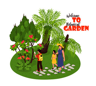 温室植物园等距植物园背景与野生自然公园步行人类人物华丽的文本矢量插图插画
