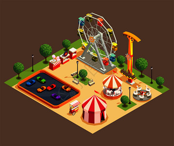 铁路公园游乐园五颜六色的构图与马戏各种景点三维等距矢量插图插画