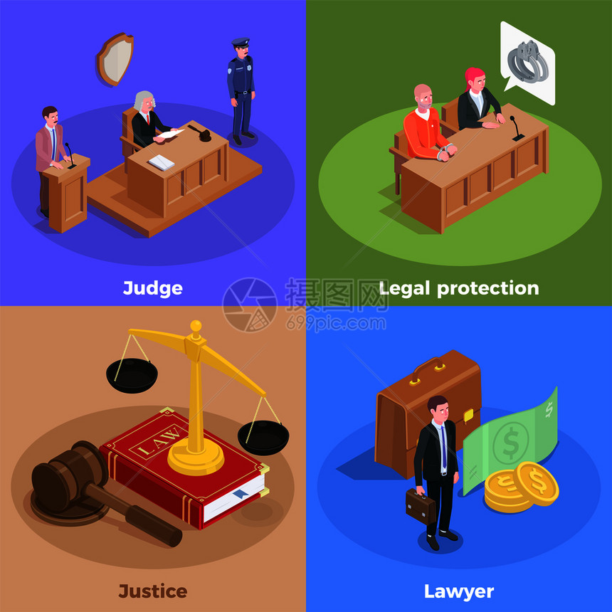 法律正义等距与图标AMD人类特征的法庭会议参与者与文本矢量插图图片