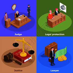 试验图标法律正义等距与图标AMD人类特征的法庭会议参与者与文本矢量插图插画