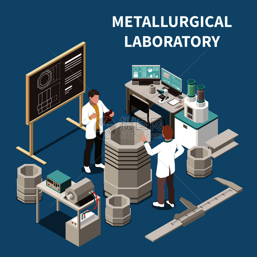 金属工业等距成,两人冶金实验室三维矢量插图图片