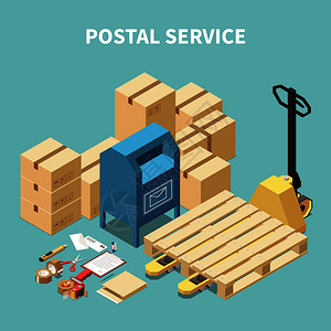 邮政服务等距成与纸板箱文具象图片