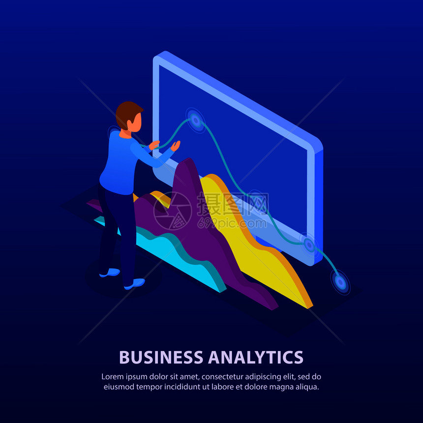 商业分析辉光等距背景成与专家分析趋势数字数据静态三维图矢量插图图片
