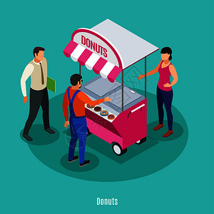 街头交易等距背景与女卖家附近的食品车两名男购买甜甜圈矢量插图背景图片