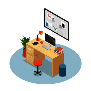 隔离等距办公室成工作场所与办公桌监控椅桌子矢量插图图片