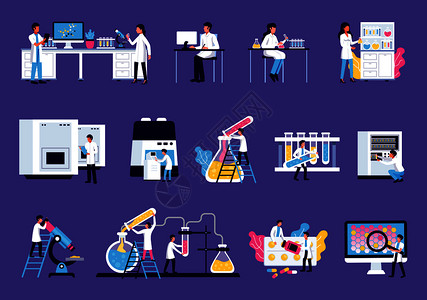 实验室与实验室设备家具的孤立图像与彩色液体科学家人字矢量插图图片