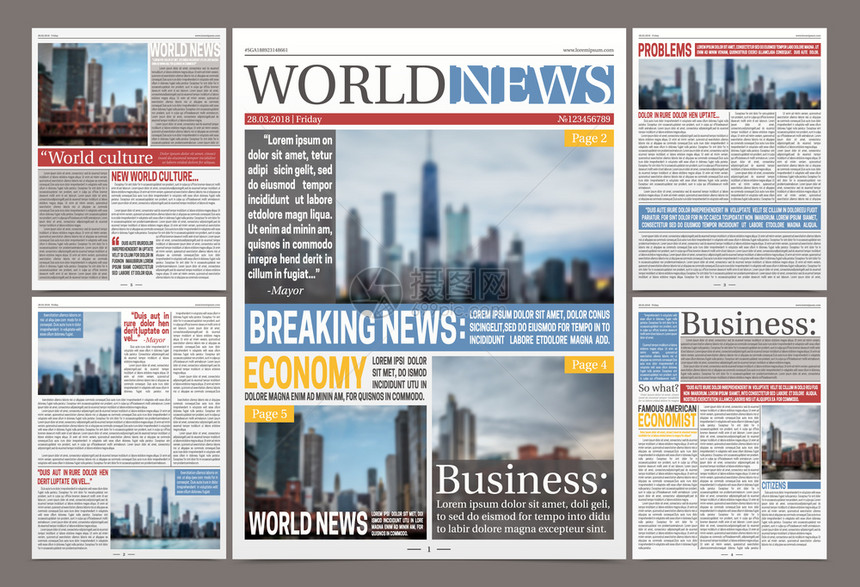 世界新闻日报平模板与文章的经济,商业文化矢量插图图片