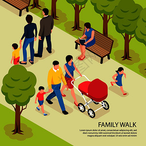 家庭步行等距矢量插图与轻父母步行城市公园与新生儿小儿子图片