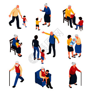 沧桑奶奶元素家庭等距与祖母祖父照顾他们的孙子矢量插图插画