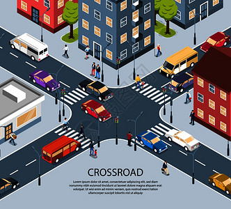 城市与路素材城市城镇四通交叉口十字路等距视海报与红绿灯行人斑马线矢量插图插画