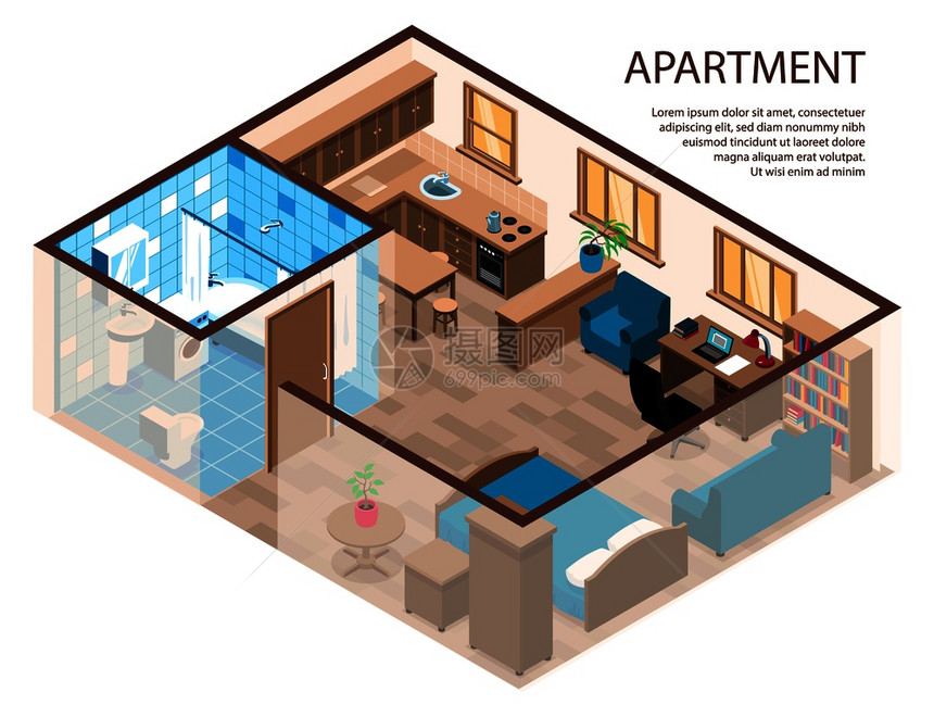 室公寓高效等距成与床角研究区家具厨房浴室矢量插图图片