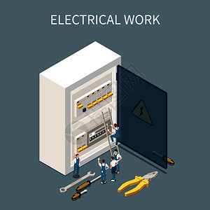 电气装置电等距成与图像的电气配电箱配电板小字的工人矢量插图插画