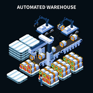 智能工业智能制造等距成与自动手臂机械手输送机存储罐矢量插图的图像背景图片