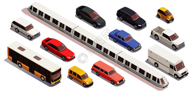 运输等距图标与公共汽车列车包车隔离白色背景三维矢量插图图片