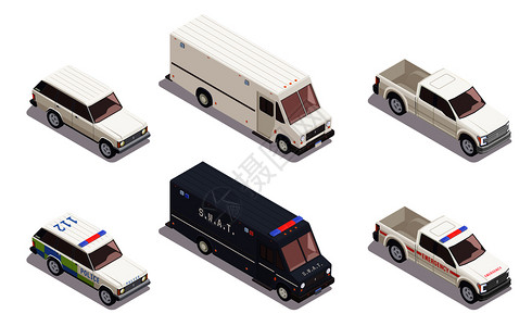 白色货车等距成与紧急警车其他运输隔离白色背景三维矢量插图插画