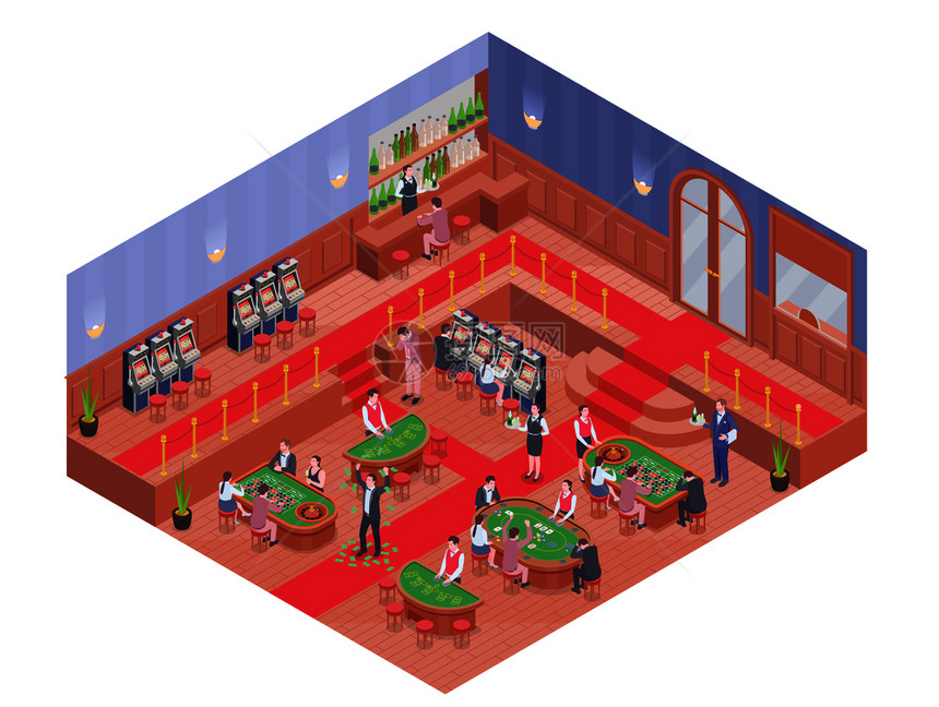 赌场大厅与酒吧人们玩同的游戏等距构成三维矢量插图图片