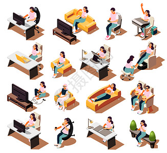 久坐生活方式等距图标的人坐同的环境与家具项目矢量插图背景图片