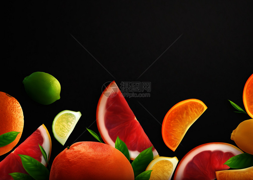 柑橘真实的黑色背景与整个水果新鲜的橙色柠檬葡萄柚矢量插图图片