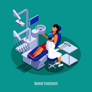 牙科专家牙科口腔医学实践等距成与女患者检查治疗薄荷绿色背景矢量插图插画