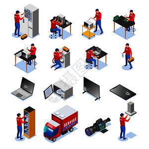 计算机平板电脑音频电子设备家用电器商业电器维修服务中心等距图标矢量插图插画