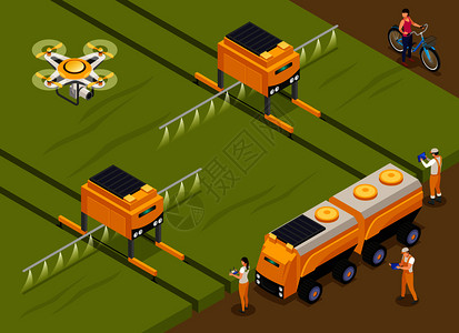 农业自动化机器人作物上施肥喷洒农药,监测区域无人机等距成矢量图图片