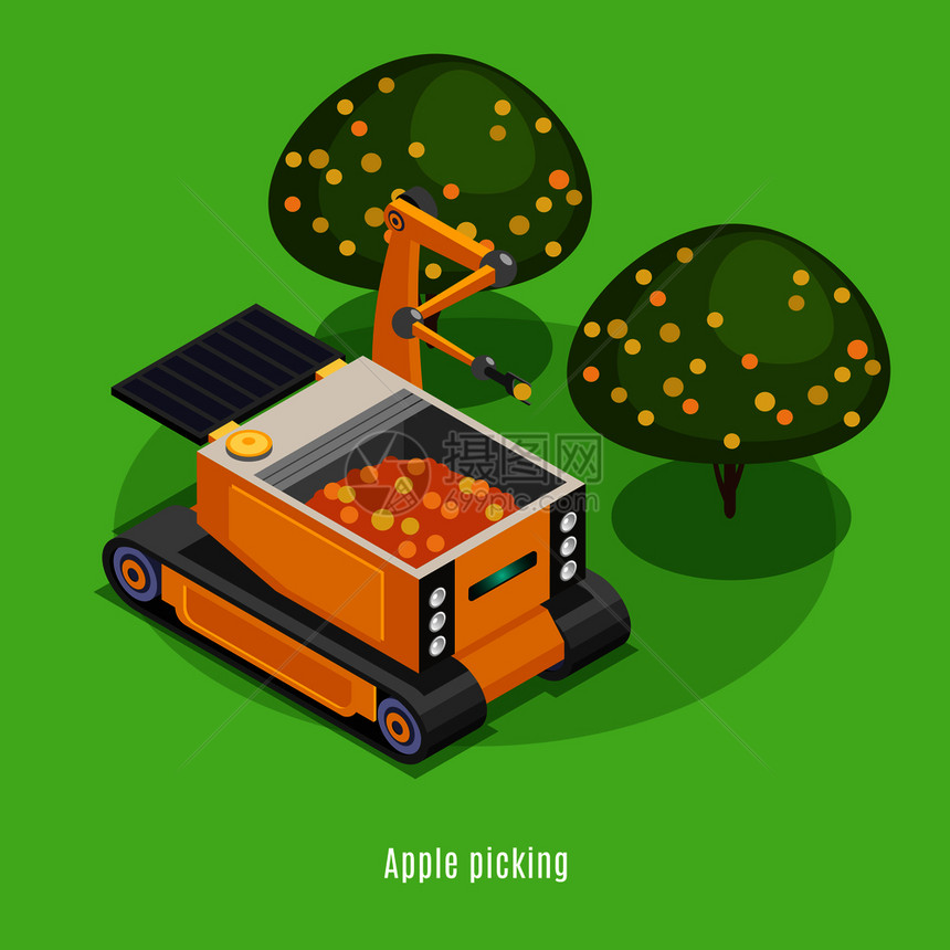 农业收获机器人等距成与自动机器人手臂机械采摘水果树木背景矢量插图图片