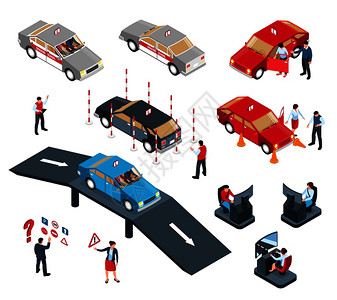 等距驾驶学校元素与汽车,交通锥,街道标志人的矢量插图的孤立图像背景图片