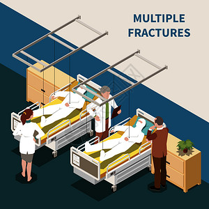 受伤的人多骨折医院三维等距矢量图插画
