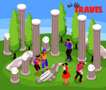 旅行旅行,度假旅行等距构图与游客的古董地标雕塑支柱,制作照片矢量插图图片