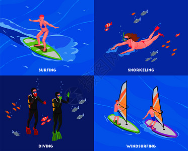 四个正方形水运动等距冲浪浮潜潜水风帆描述矢量插图背景图片