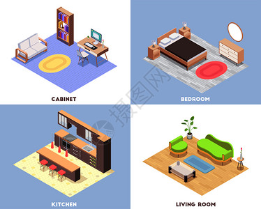 四格室内家具等距集与橱柜卧室厨房客厅描述矢量插图图片