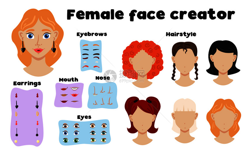 女脸构造者眉毛发型鼻子嘴眼睛元素,创建女孩脸平矢量插图图片