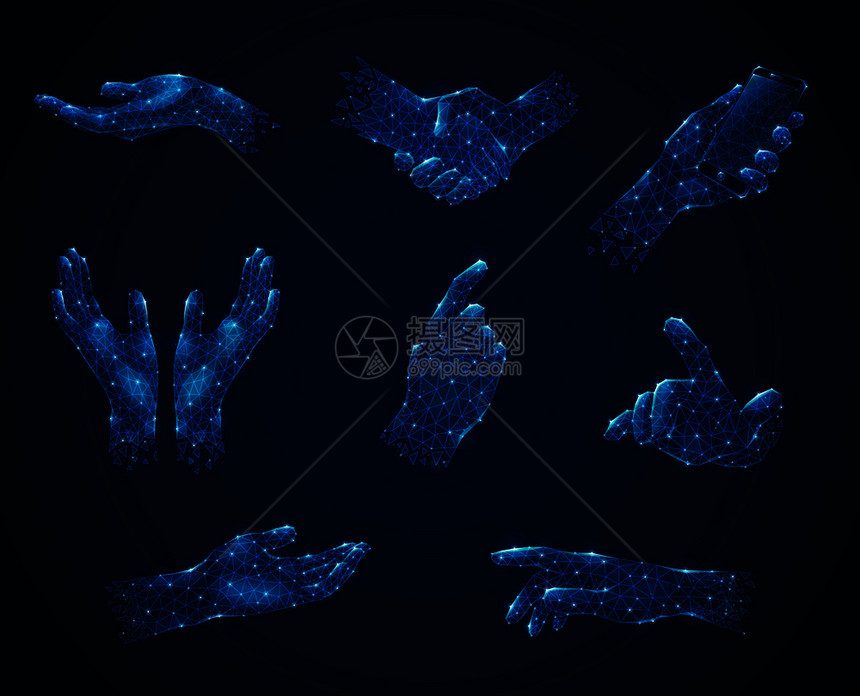 手势蓝色多边形线框风格发光的黑暗背景孤立矢量插图图片