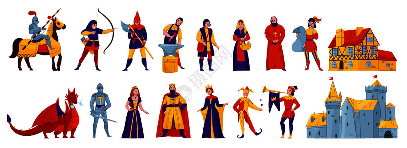 城堡图中世纪王国人物2平水平与骑手国王王后骑士城堡龙矢图插画