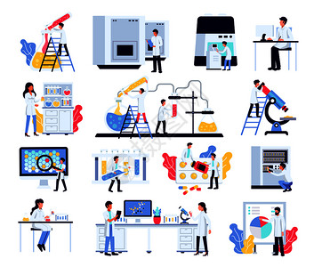 实践图标制药实验室研究化学科学家了成的人类字符实验室设备家具矢量插图插画
