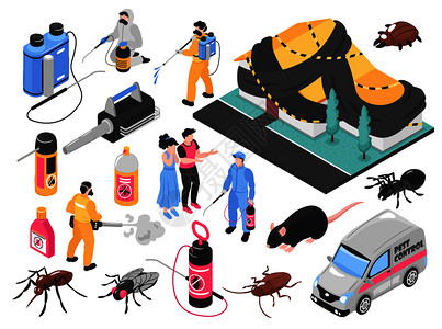 蟑螂药虫害控制服务队清除虫子,消灭老鼠,工具,设备,产品,客户,自动等距矢量插图插画