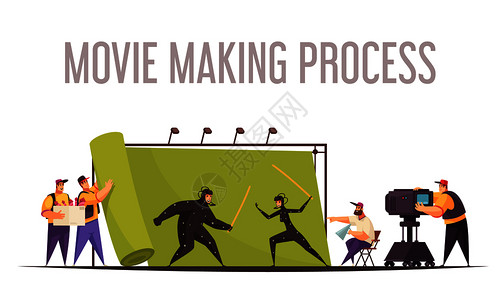 电影拍摄过程电影制作过程平卡通构图与电影导演相机操作员拍摄战斗矢量插图插画