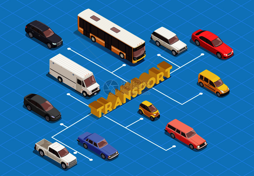运输等距流程图与各种车辆蓝色背景三维矢量插图图片