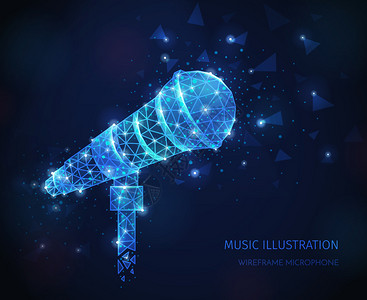 声乐室音乐媒体多边形线框成与文字闪闪发光的图像专业声乐麦克风立场矢量插图插画