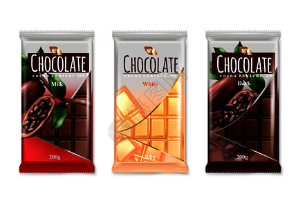 巧克力包装巧克力广告写实套牛奶,白色,黑暗,美味,奢侈品牌,酒吧包装,矢量插图插画