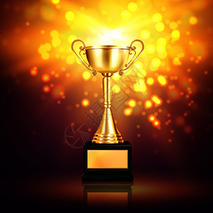 闪亮的奖杯奖励现实的构图与闪闪发光的粒子获奖者金杯的形象基座矢量插图图片