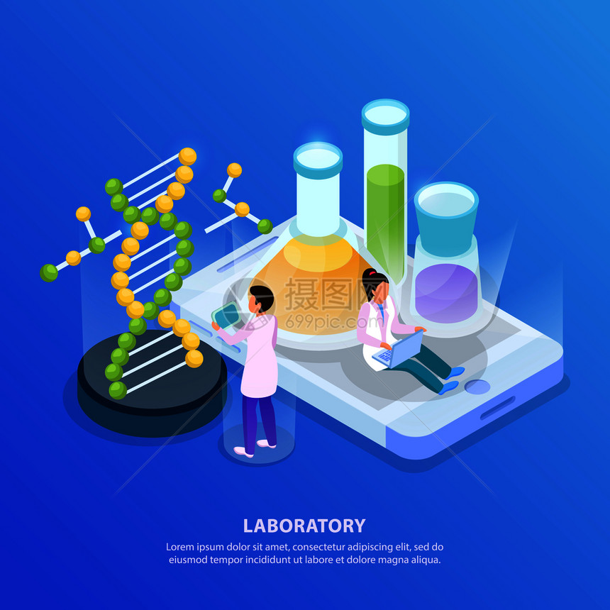 科学研究等距辉光背景与DNA分子试管的图像与彩色液体矢量插图图片