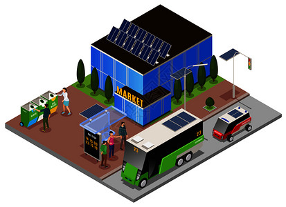 智能城市生态等距成与建筑太阳能电池垃圾箱与电动总括停止矢量插图图片