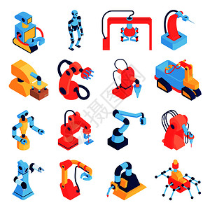 机器人自动化集彩色孤立图像与机器人机器人手臂的同体型矢量插图图片