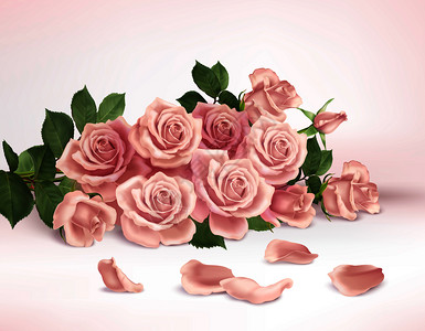 现实的构图与美丽的粉红色玫瑰花瓣矢量插图图片