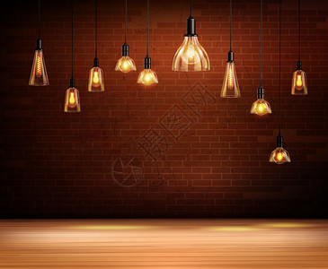LED洗墙灯天花板灯泡空房间与棕色砖墙现实背景矢量插图插画