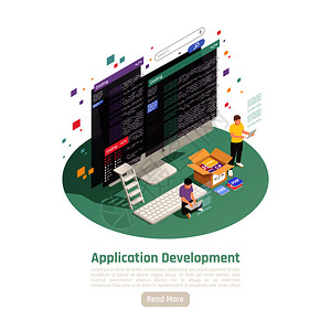 应用程序开发等距背景成与小人物字符计算机屏幕文本阅读更多按钮矢量插图图片