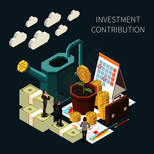 投资贡献增长等距与货币商人三维矢量插图图片